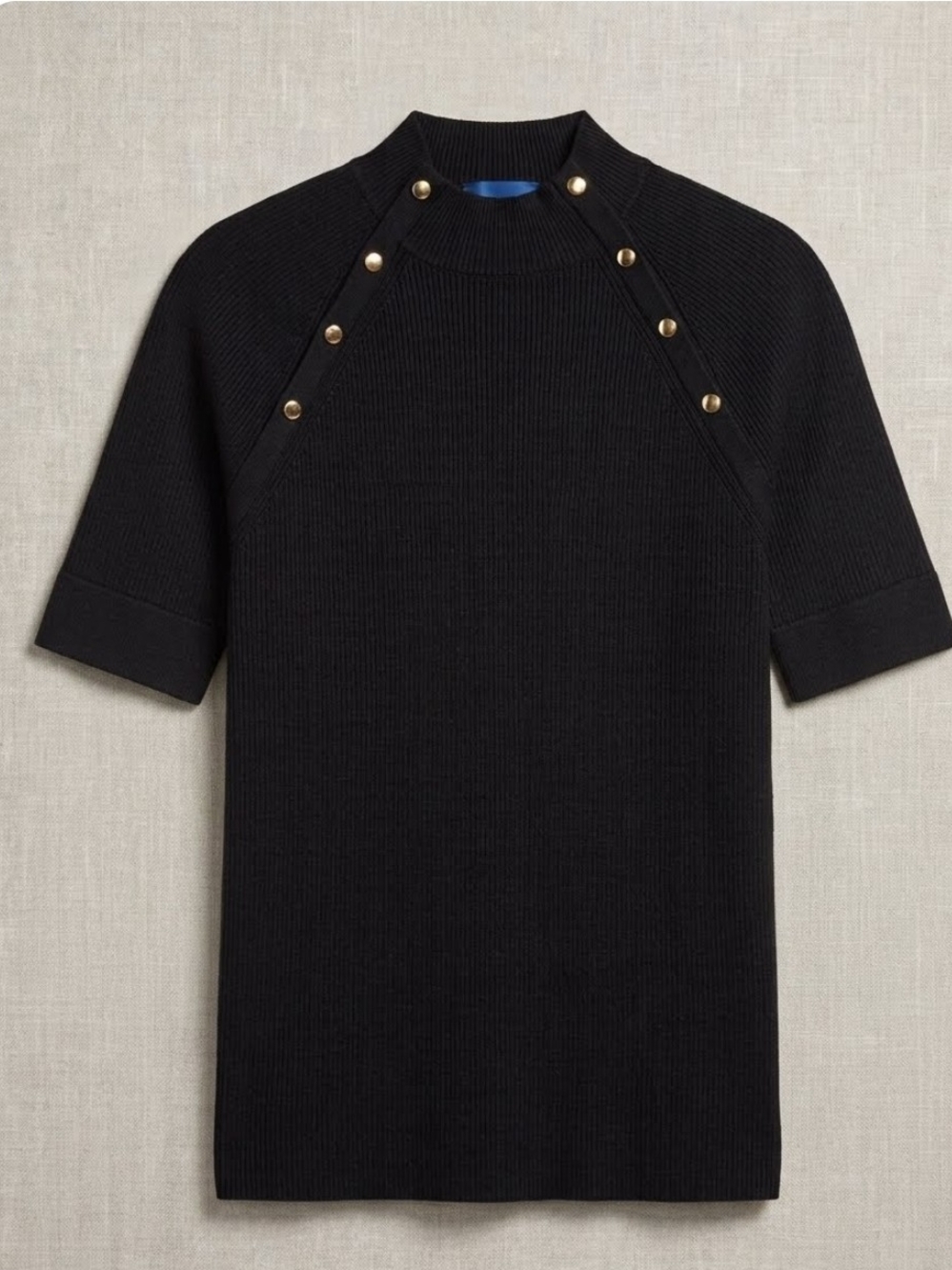 Ann Taylor Black Short-Sleeve Ribbed Knit Shirt with Gold Buttons